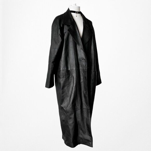 Vintage Y2K Black Leather Full Length Button Down Front Coat Jacket Size L - Picture 5 of 8